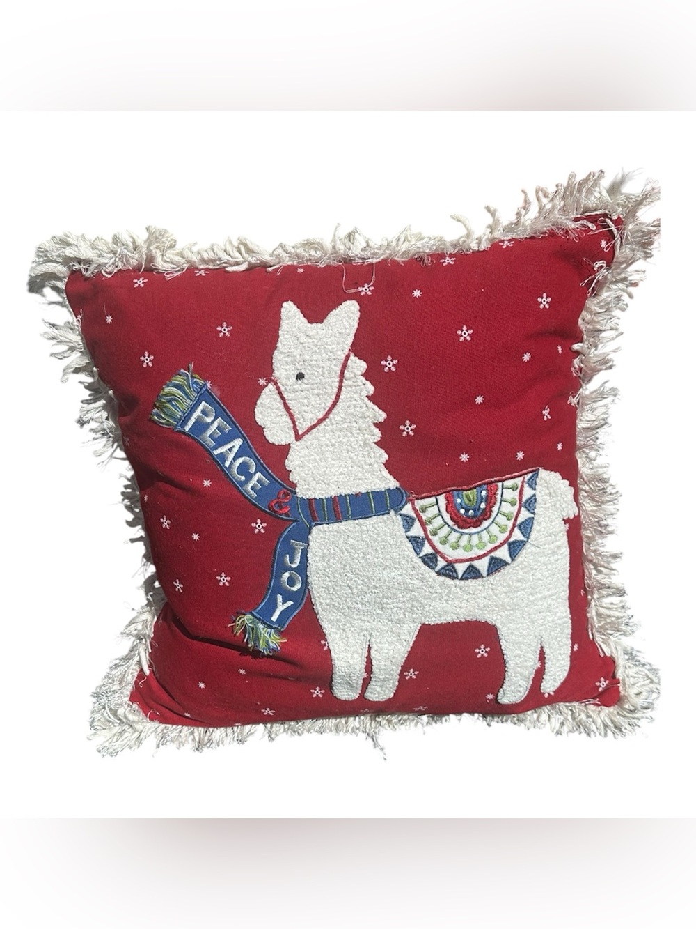 Pier 1 Christmas Pillow Cover Red White Embroidered Applique Llama Fringe 17x17